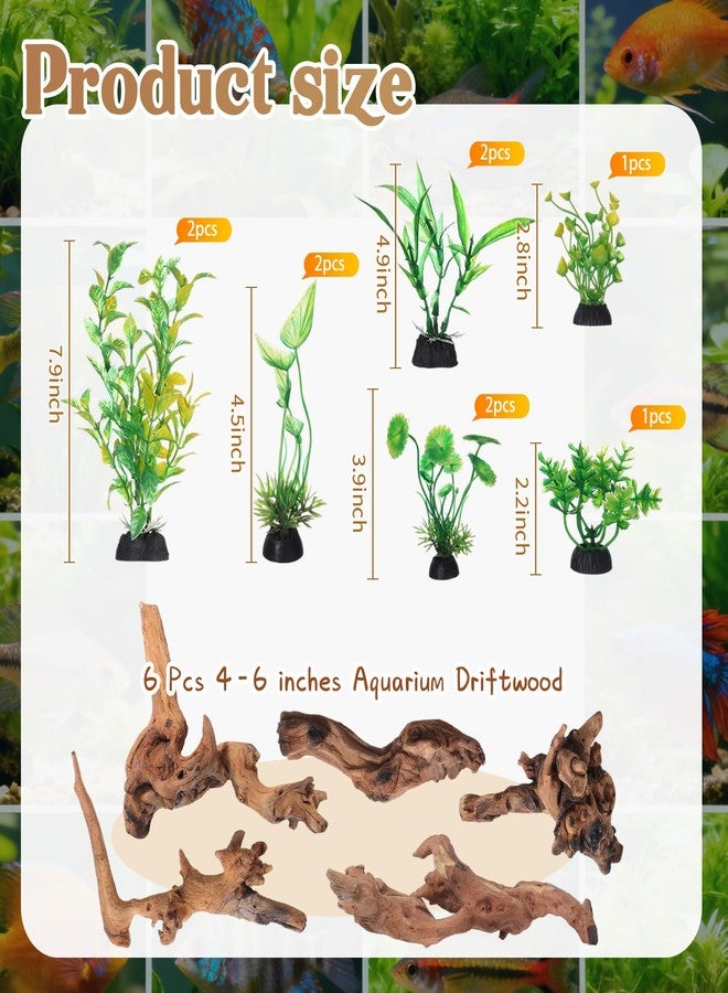 Solsew 16 Pcs Aquarium Decor Fish Tank Decorations Include 6 Small Natural Coral Driftwood Spiderwood and 10 Green Plastic Plants for Reptile Terrarium Accessories Goldfish Tank Decor - Image 3